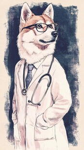 戴眼镜穿白大褂的帅气狗狗