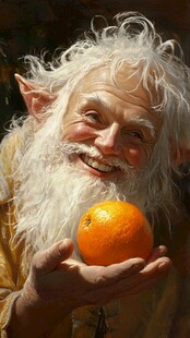 精灵老者捧橙展欢颜