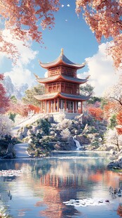 秋日中式园林中的古韵楼阁