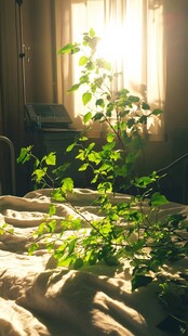 病房中阳光下的生机绿植