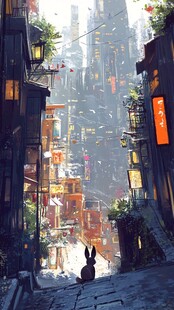 兔子眺望未来科幻城市巷弄