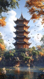 古风宝塔映于湖光秋色间