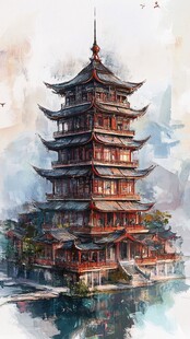 古风楼阁临水而立