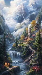 山间仙境 梦幻瀑布与小屋