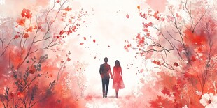 漫步花径的浪漫情侣