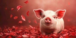 萌小猪置身浪漫红花瓣中