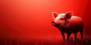 红背景下的站立小猪