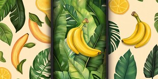 热带水果与绿叶插画背景
