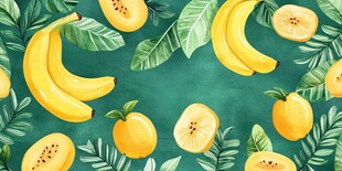 香蕉柠檬绿叶清新插画