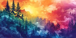 梦幻山林日落水彩风景