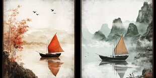 水墨双景 江舟与秋山意韵