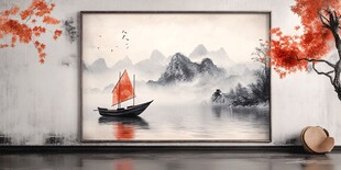 中式山水帆船意境挂画