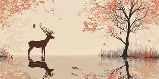 秋景中鹿立于水边之美