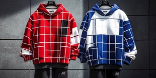 潮流格纹连帽卫衣两件套