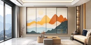 现代客厅中的山水艺术背景墙