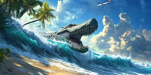 海浪中现身的巨型鳄鱼