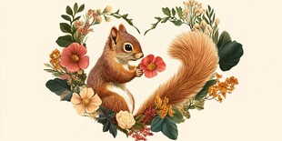 松鼠衔花于爱心花环中