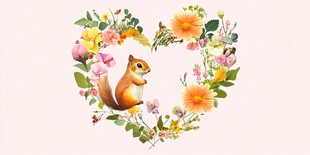 心形花丛中的可爱松鼠