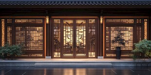 中式古雅宅院大门夜景