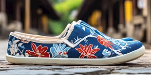 蓝底花卉风休闲布鞋