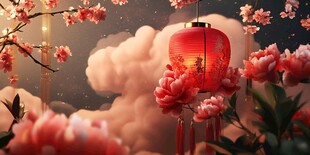 红灯笼映繁花云海美景