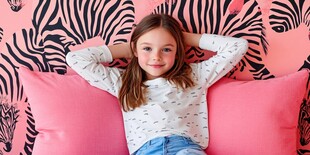 女孩惬意躺于粉枕与斑马墙前