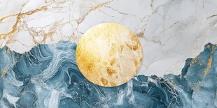 金色圆月映于蓝白山水间