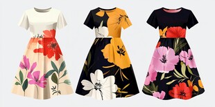 三款花卉图案连衣裙展示
