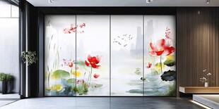 中式水墨荷花移门装饰画