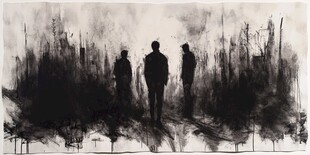 三人剪影于朦胧景致中