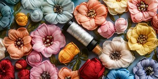 多彩布艺花朵与缝纫线