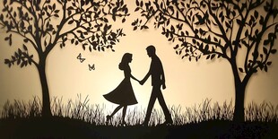 浪漫情侣林间漫步剪影