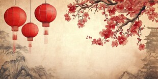 中式古风 灯笼红梅古建筑