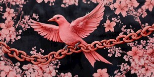 粉鸟栖链绽繁花