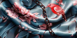 红鸟栖于印花绸缎之上