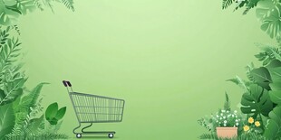 绿色购物车与自然植物背景