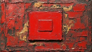 红色方形嵌于斑驳墙面
