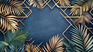 蓝底金框热带植物背景