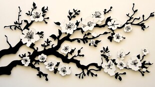 黑白剪纸风梅花装饰画