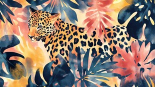 豹行于斑斓热带植物间