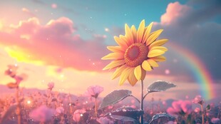 夕阳下的向日葵与梦幻彩虹