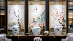 中式屏风瓷瓶花鸟装饰画
