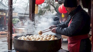 街头师傅大锅煮元宵