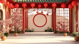 中式庭院红灯笼装点景致