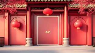 中式红门挂红灯笼迎佳节