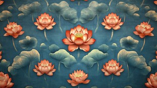 中式蓝底莲花荷叶图案