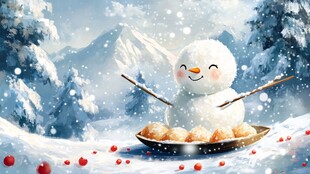 雪人赏雪吃美食的冬日景
