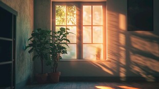 阳光洒入窗边绿植房间
