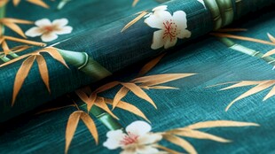 翠绿布料上的竹花图案