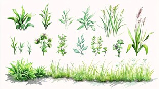 手绘清新多样绿色植物组图